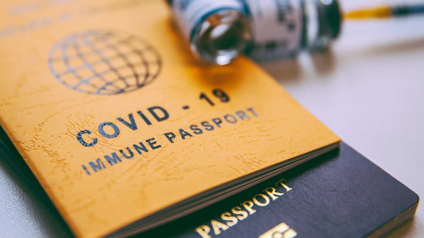 Stock photo of "COVID-19 immune passport" with an unidentifiable (travel) passport underneath it.