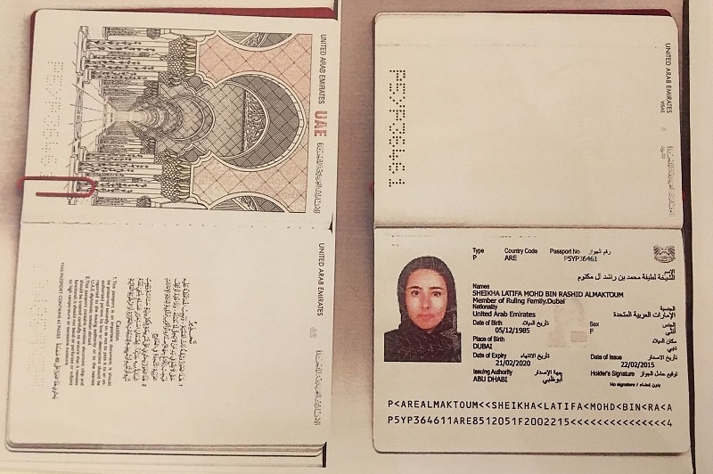 A scanned image shows an open United Arab Emirates passport, under the name Sheikha Latifa Mohd bin Rashid Al Maktoum.