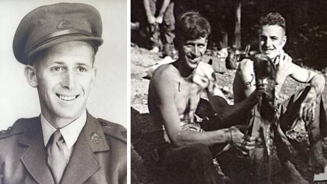 Composite of man smiling wearing a service hat and two men sitting in an army camp.