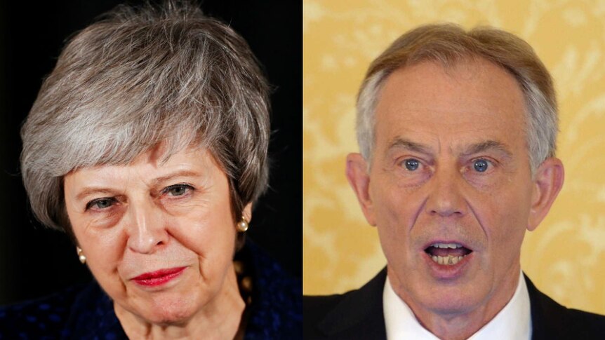 A composite photo with head and shoulders shots of Theresa May and Tony Blair.