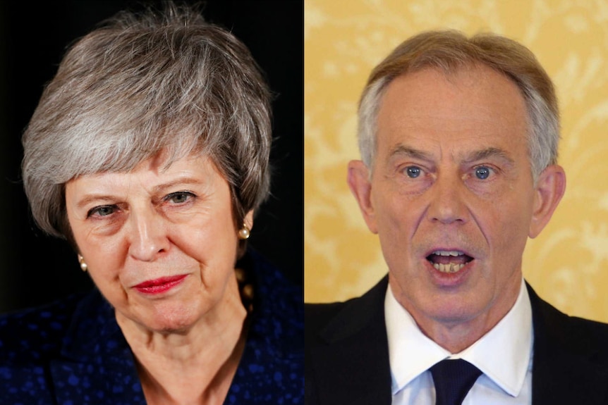 A composite photo with head and shoulders shots of Theresa May and Tony Blair.