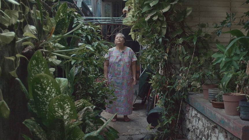 An old woman in a loose dress in standing in a plant-covered alley with her head tilted back and eyes closed