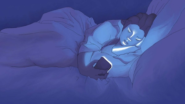 A graphic illustration shows a woman lying in bed staring at her phone in the dark
