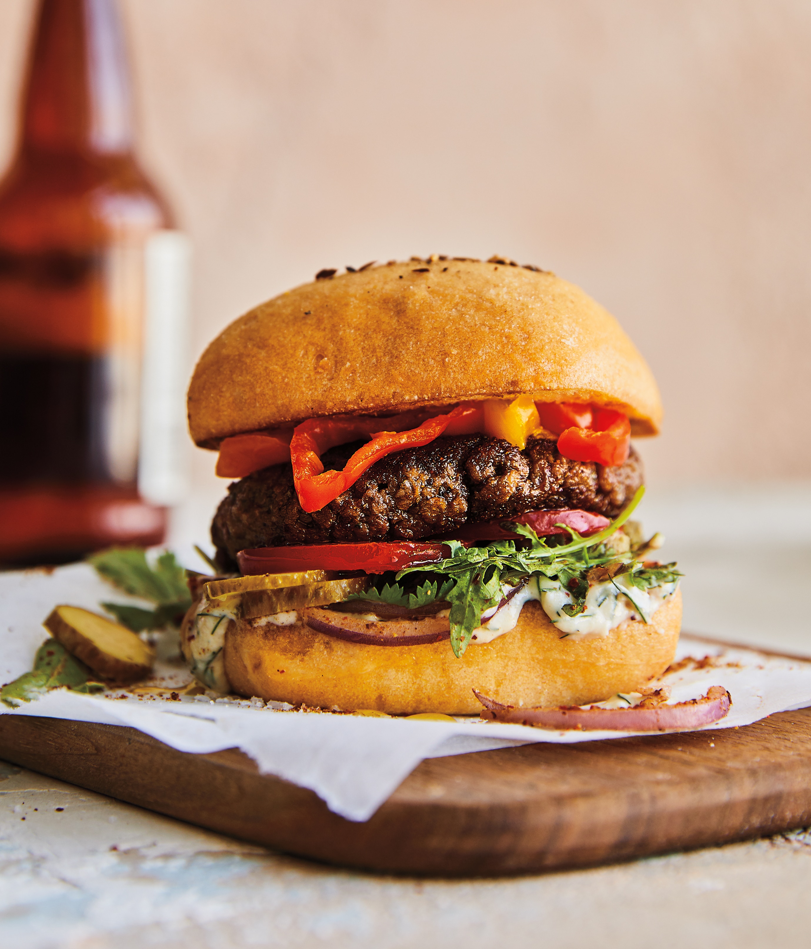 A juicy pant-based burger.