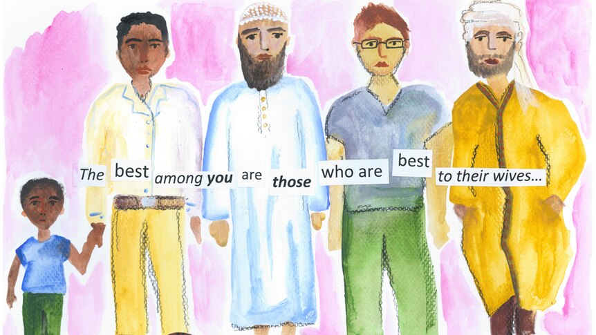 An illustration shows a line of Muslim men and the text: The best among you are those who are best to their wives.
