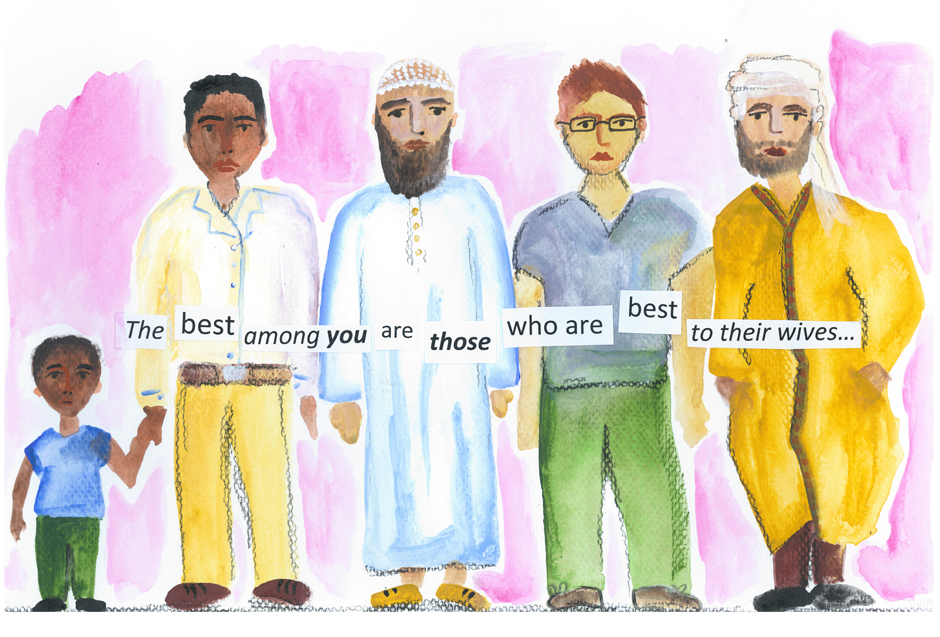 An illustration shows a line of Muslim men and the text: The best among you are those who are best to their wives.