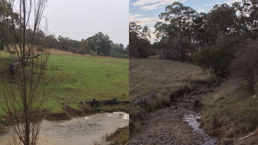 Two images side by side of a creek, one full of water, the other mostly empty