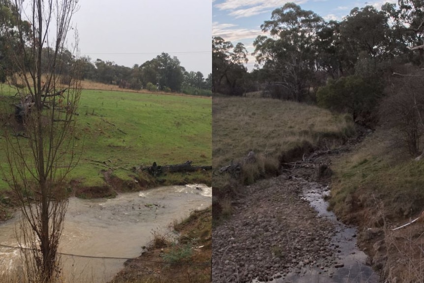 Two images side by side of a creek, one full of water, the other mostly empty