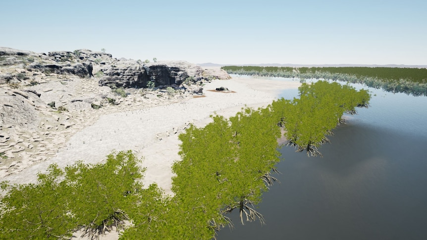 A digitally created image of a flood plain with grey sand, green foliage and water