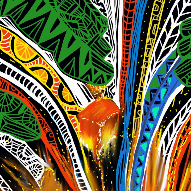 Striking abstract design featuring bold orange, green, yellow and black tones.