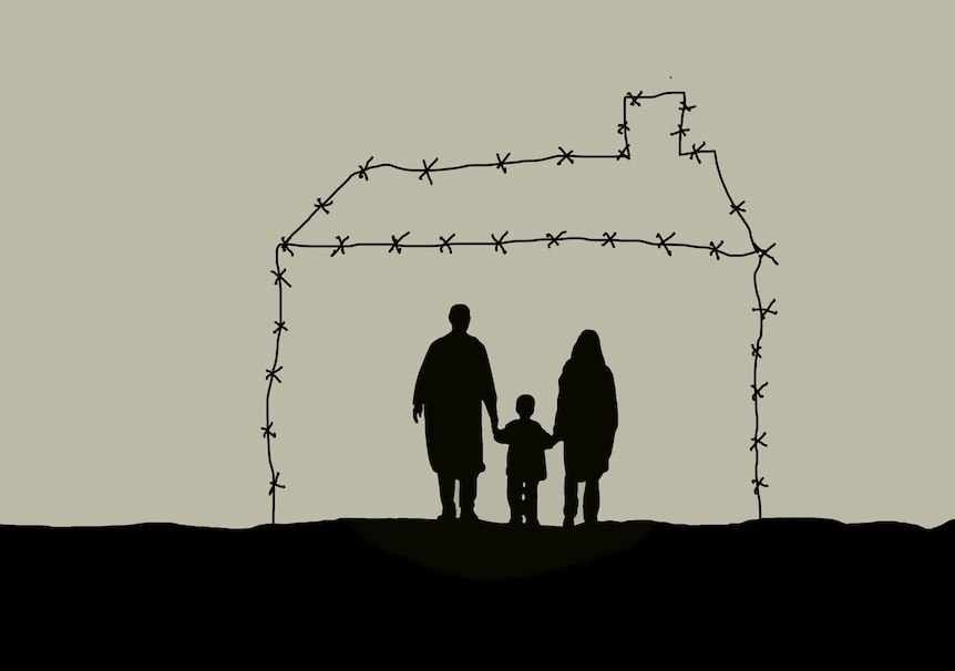 Illustration of a family in a barbed wire home