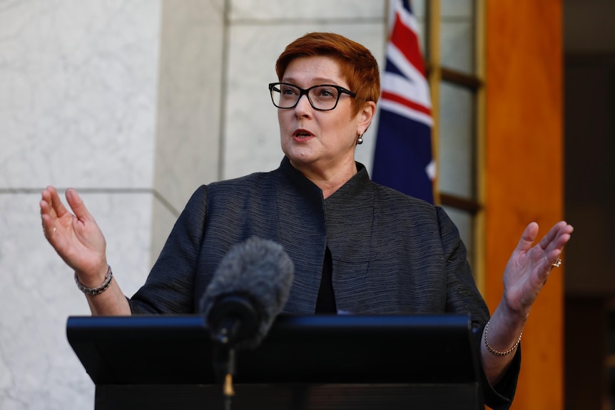Marise Payne speaks at a press conference in the prime minister's courtyard