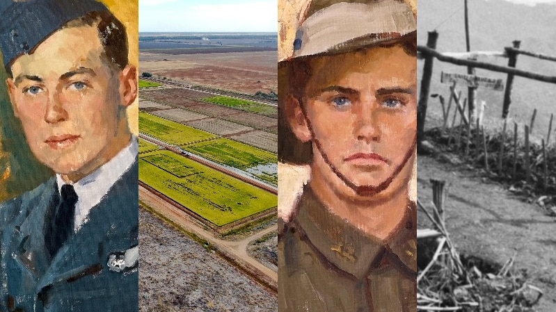 A composite image of two soldiers, a grave site and farming land