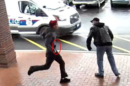A red circle marks where a handgun is visible in the assailants waistband.