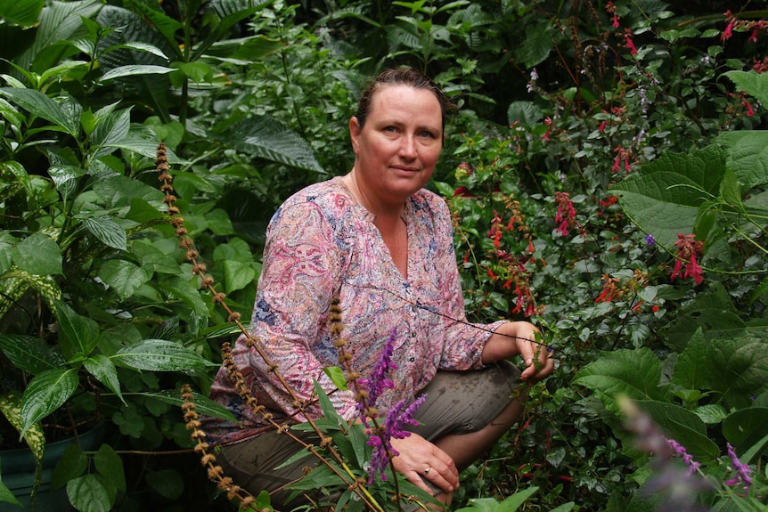 Kate Wall surrounded by edible weeds in her backyard in Brisbane.