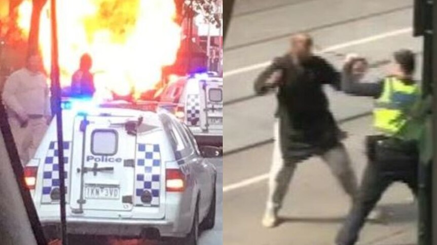 Composite image of car fire on the left and suspect attempting to stab police on the right