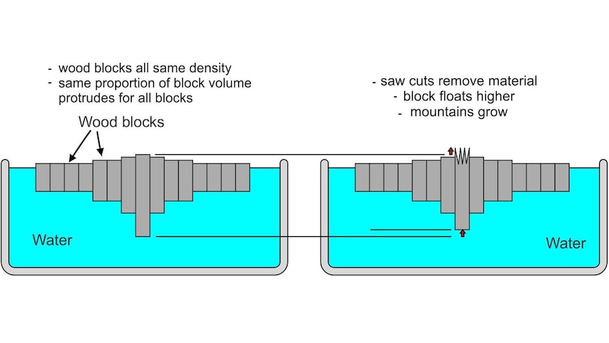 A diagram of long wooden blocks that are floating upright and side-by-side.