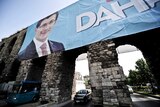 Giant election banner of Turkish prime minister hands on Valens Aqueduct