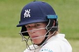 Jake Fraser-McGurk watches on after playing a shot to the leg side against Queensland in a Sheffield Shield match.