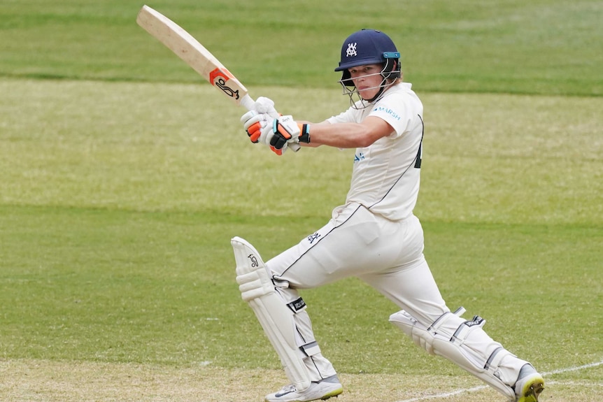 Jake Fraser-McGurk watches on after playing a shot to the leg side against Queensland in a Sheffield Shield match.