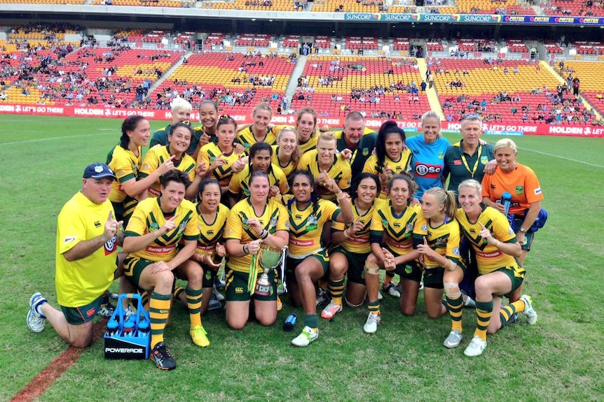 Jillaroos celebrate their 22-14 win over Kiwi Ferns