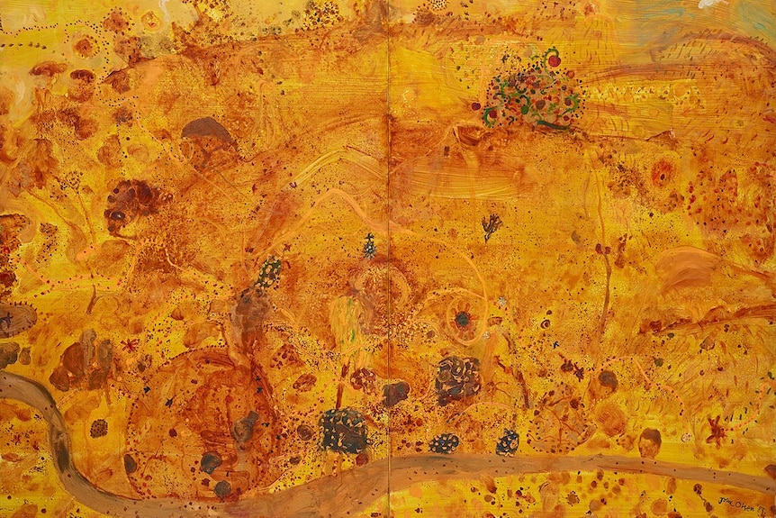 The painting Golden Summer by artist John Olsen - an abstract painting in rich golden colours.