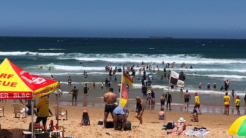 A packed beach with surf life saving flags and tent