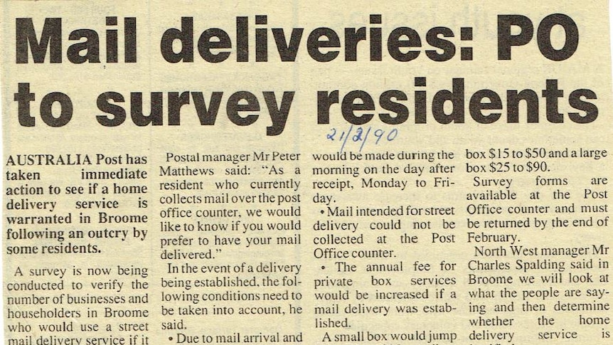 A newspaper article from the 1990s shows Australia Post asking Broome residents about postal deliveries.