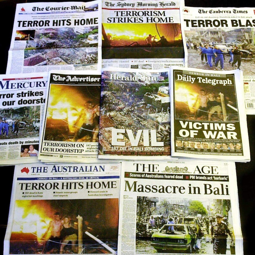 Newspaper front pages the day after the after Bali bombing.