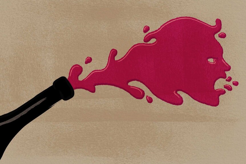 An illustration depicts a woman screaming's face in a pool of spilled wine