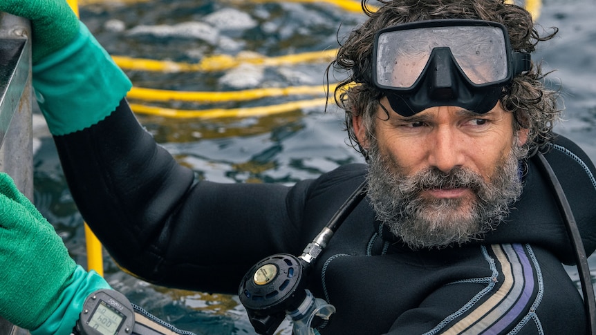 Actor Eric Bana wears diving gear and looks out over the water in a still taken from his new film, Blueback.