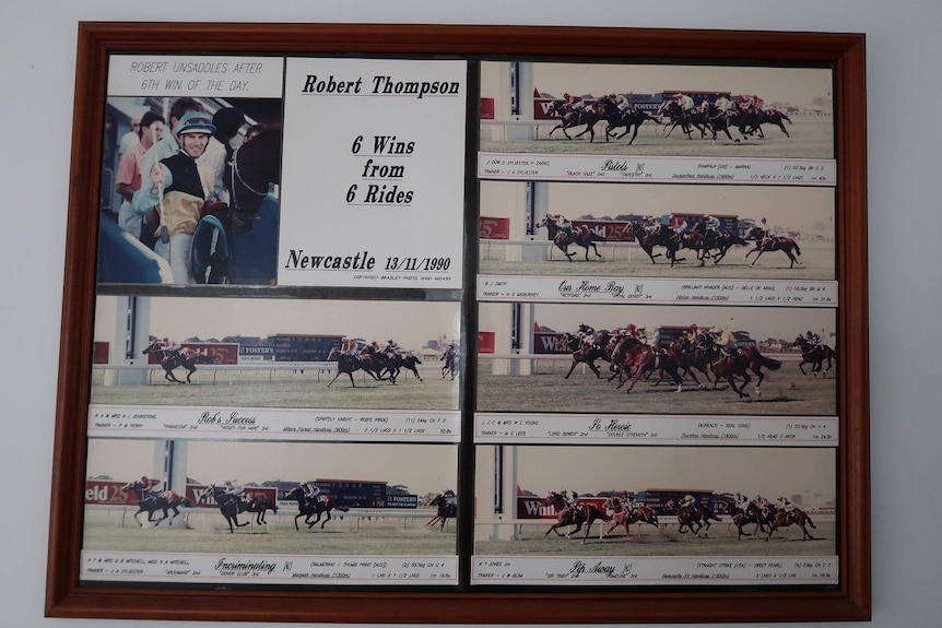 Robert Thompson won six races on one card at a meet at Newcastle and was presented with a framed commemorative picture.