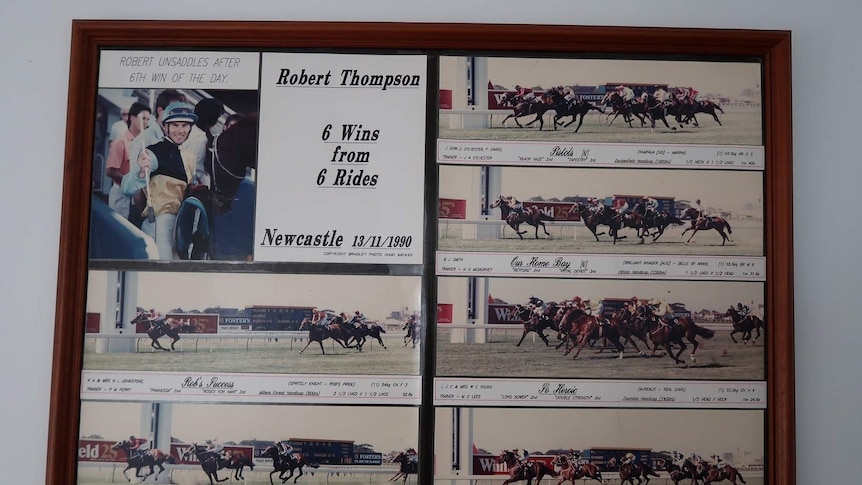 Robert Thompson won six races on one card at a meet at Newcastle and was presented with a framed commemorative picture.