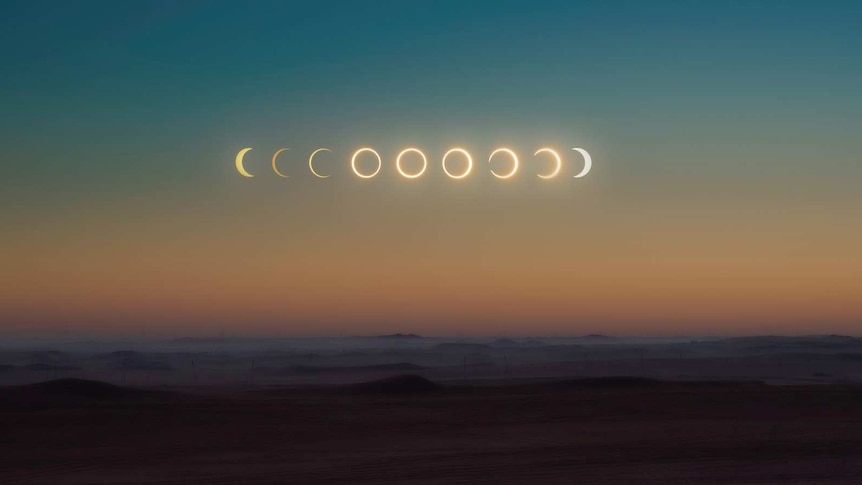 composite image of a solar eclipse, as a series of semi-circles and circles, left to right