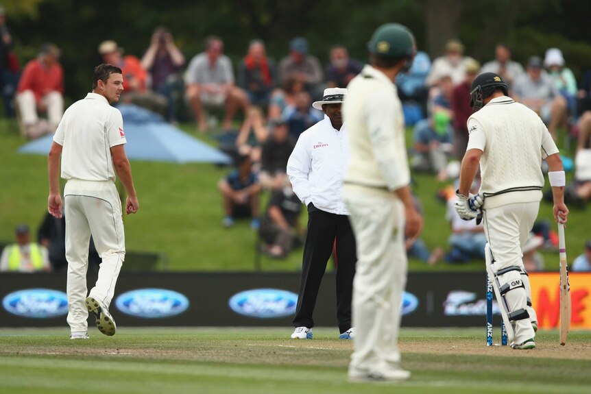 Australia's Josh Hazlewood has words with New Zealand's Corey Anderson on day four in Christchurch.