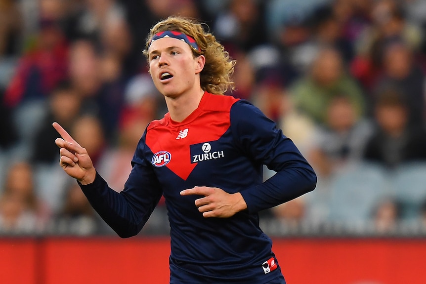 Melbourne Demons player Jayden Hunt raises a finger in celebration after an AFL goal against Carlton.