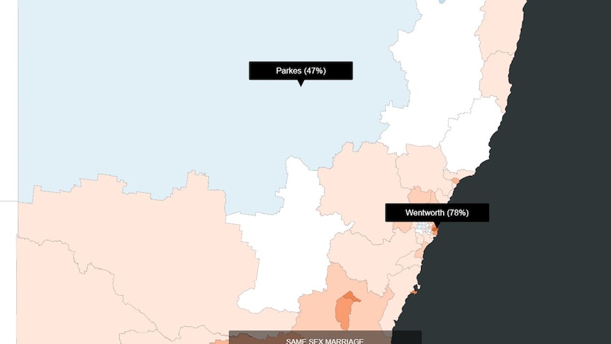 A map shows Wentworth with 78 per cent support for SSM, and Parkes with 47 per cent support.