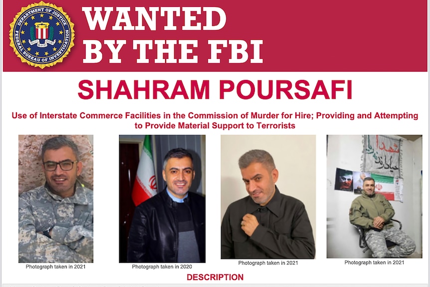 Shahram Poursafi wanted poster shows details and four photos of the man wanted by the FBI.