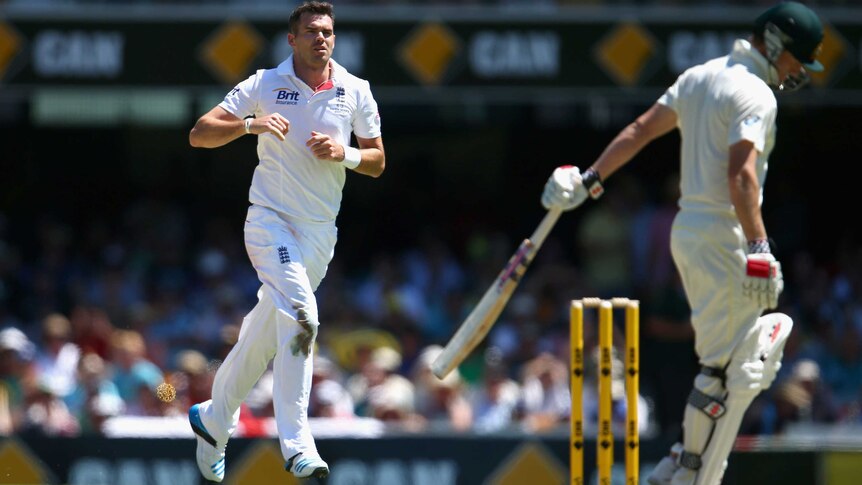England's James Anderson celebrates taking George Bailey's wicket