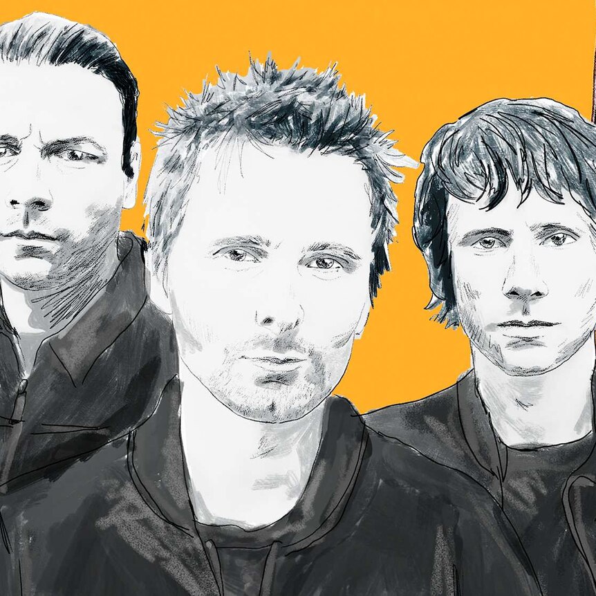 An illustration of English rock band Muse featuring Matt Bellamy, Dominic Howard and Chris Wolstenholme