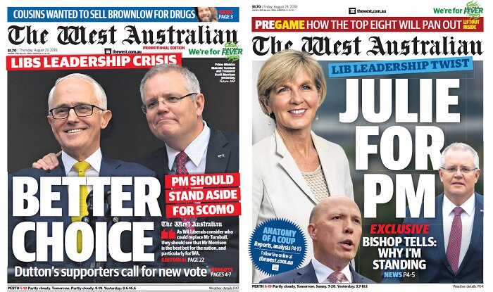 Two newspaper front pages. One has Scott Morrison with the headline BETTER CHOICE and another Julie Bishop with JULIE FOR PM