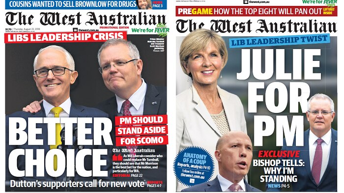 Two newspaper front pages. One has Scott Morrison with the headline BETTER CHOICE and another Julie Bishop with JULIE FOR PM