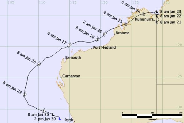 A map showing the path of Tropical Cyclone Bianca which hugged the Western Australian coastline as it moved southwards.