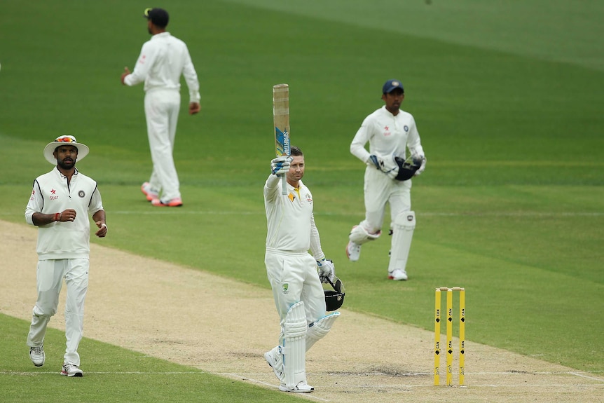 Michael Clarke celebrates his century against India