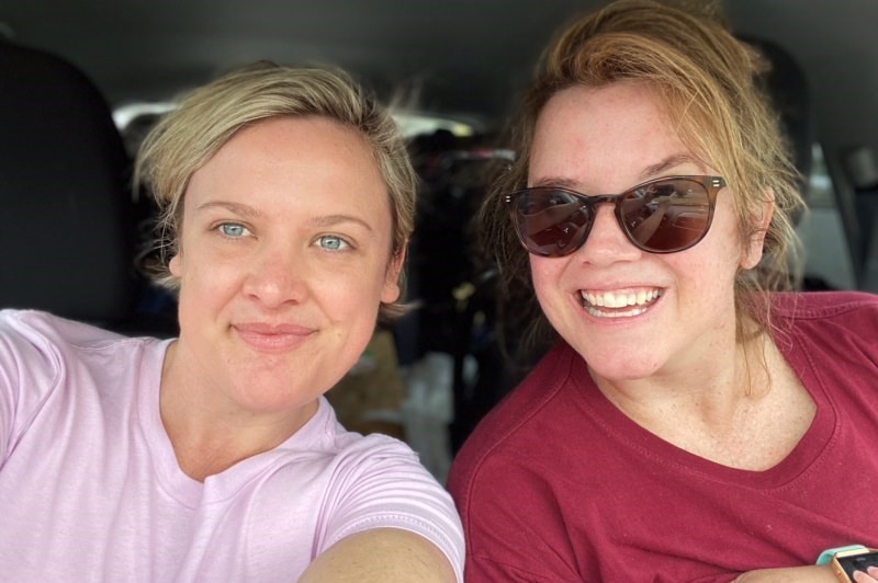 Melbourne mums Mel Currey and Hylton Shaw take a selfie in their car.