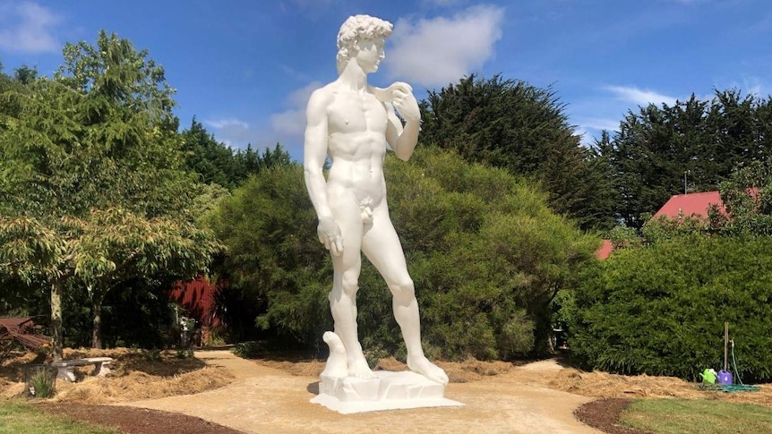 A replica of Michelangelo's David in a green, leafy backyard