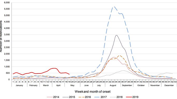 Graph showing the number of flu cases each year showing 2019 so far has more cases than other years.