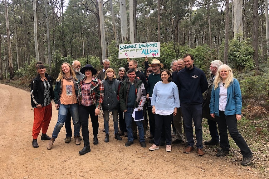 A large group of environmentalists look happy standing in a forest
