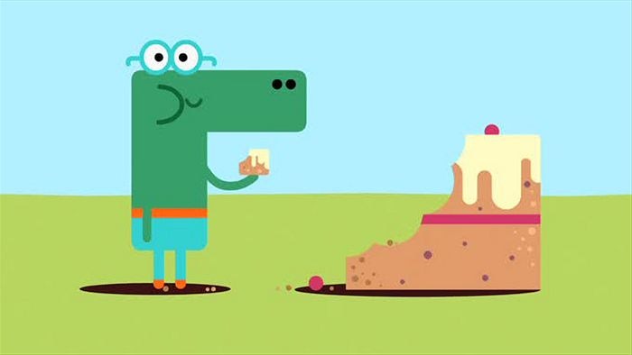 Happy the crocodile eating cake