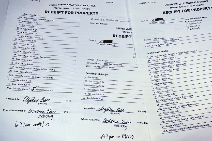 Three pages of printed paper showed a "receipt for property".